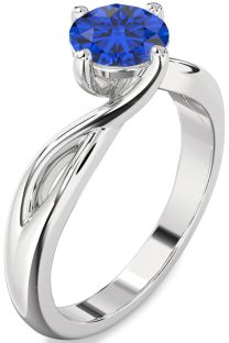 Blue Sapphire Silver Round Solitaire Engagement Ring