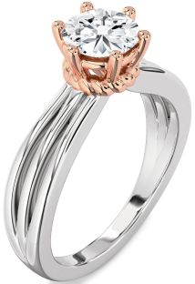 Diamond Silver & 10K Rose Gold Round Solitaire Engagement Ring
