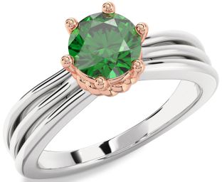 Emerald Silver & 10K Rose Gold Round Solitaire Engagement Ring