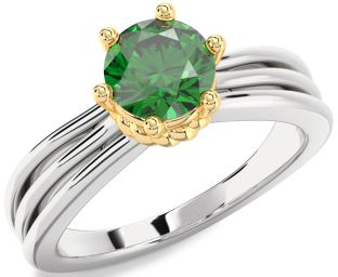 Emerald Silver & 10K gold Round Solitaire Engagement Ring