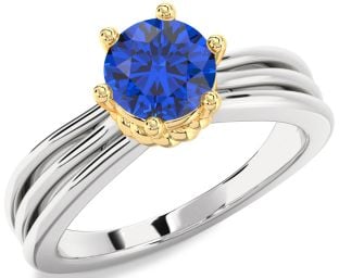 Blue Sapphire Silver & 10K gold Round Solitaire Engagement Ring