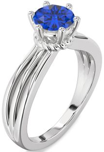 Blue Sapphire Silver Round Solitaire Engagement Ring