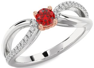 Diamond Ruby Silver & 10K Rose Gold Round Promise Ring