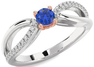 Diamond Blue Sapphire Platinum & Rose Gold Round Promise Ring