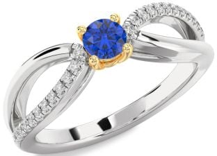 Diamond Blue Sapphire Platinum & Yellow Gold Round Promise Ring