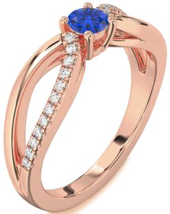 Diamond Blue Sapphire Rose Gold Round Promise Ring