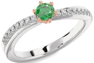 Diamond Emerald Silver & 10K Rose Gold Round Promise Ring