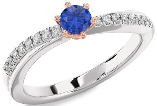 Diamond Blue Sapphire White Rose Gold Round Promise Ring