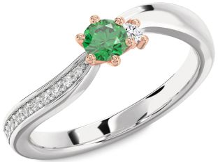 Diamond Emerald Silver & 10K Rose Gold Round Promise Ring