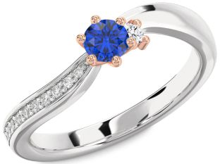 Diamond Blue Sapphire Platinum & Rose Gold Round Promise Ring