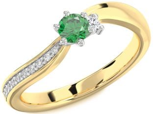 Diamond Emerald Platinum & Yellow Gold Round Promise Ring