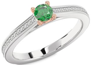 Diamond Emerald Silver & 10K Rose Gold Round Promise Ring