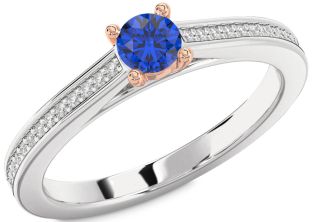 Diamond Blue Sapphire Platinum & Rose Gold Round Pave Promise Ring