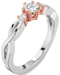 Diamond Silver & 10K Rose Gold Knot Round Three Stone Engagement Ring