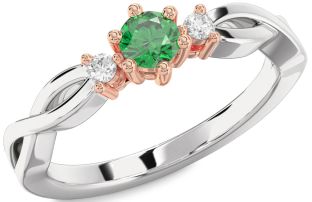 Diamond Emerald Silver & 10K Rose Gold Knot Round Promise Ring