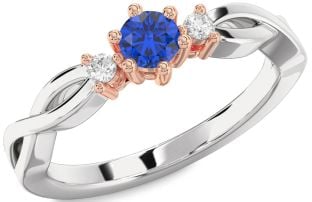 Diamond Blue Sapphire Rose Gold Silver Knot Round Three Stone Engagement Ring
