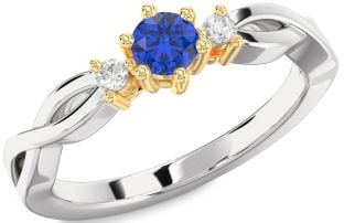 Diamond Blue Sapphire Silver & 10K gold Knot Round Three Stone Engagement Ring