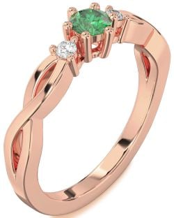 Diamond Emerald Rose Gold Knot Round Three Stone Engagement Ring