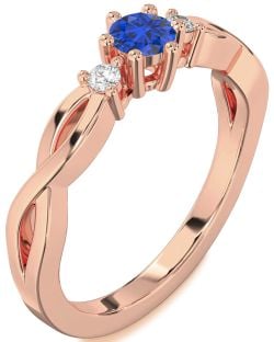 Diamond Blue Sapphire Rose Gold Knot Round Three Stone Engagement Ring