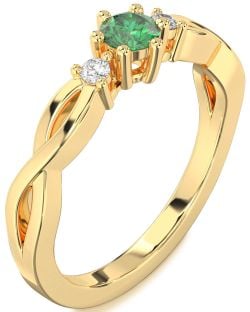 Diamond Emerald Gold Knot Round Three Stone Engagement Ring
