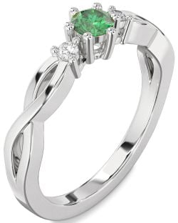 Diamond Emerald Platinum Knot Round Three Stone Engagement Ring