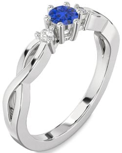 Diamond Blue Sapphire Platinum Knot Round Three Stone Engagement Ring