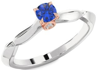 Diamond Blue Sapphire Silver & 10K Rose Gold Round Promise Ring