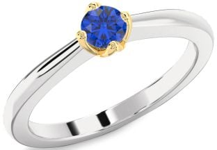Blue Sapphire Silver & 10K gold Round Promise Ring