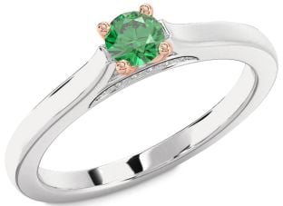 Diamond Emerald Silver & 10K Rose Gold Round Promise Ring