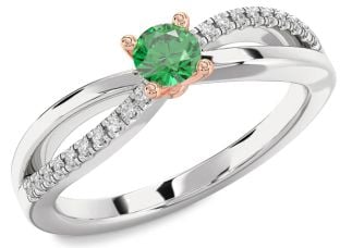 Diamond Emerald Silver & 10K Rose Gold Round Promise Ring
