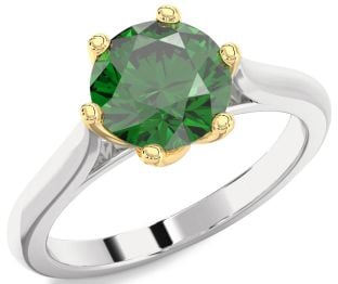 Emerald Silver & 10K gold Round Solitaire Engagement Ring
