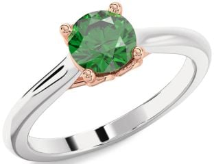 Emerald Silver & 10K Rose Gold Round Solitaire Engagement Ring