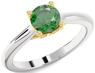 Emerald Silver & 10K gold Round Solitaire Engagement Ring