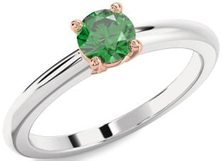 Emerald Silver & 10K Rose Gold Round Solitaire Engagement Ring