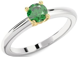Emerald Silver & 10K gold Round Solitaire Engagement Ring