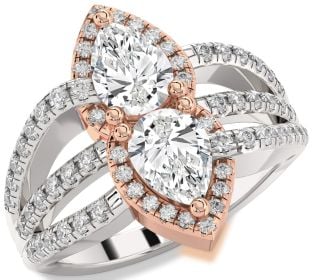 Diamond Silver & 10K Rose Gold Pear Two Stone Ring