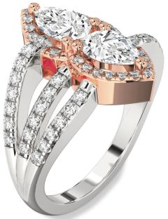 Diamond Silver & 10K Rose Gold Pear Two Stone Ring