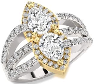 Diamond Silver & 10K gold Pear Two Stone Ring