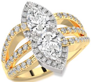 Diamond White Yellow Gold Pear Two Stone Ring