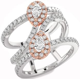 Diamond Silver & 10K Rose Gold Pear Two Stone Ring