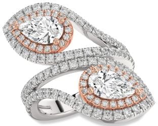 Diamond Silver & 10K Rose Gold Pear Two Stone Ring