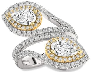Diamond Silver & 10K gold Pear Two Stone Ring