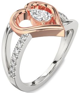 Diamond Silver & 10K Rose Gold Heart Solitaire Engagement Ring