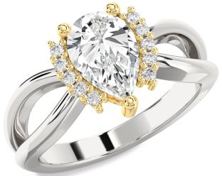 Diamond Silver & 10K gold Pear Solitaire Engagement Ring