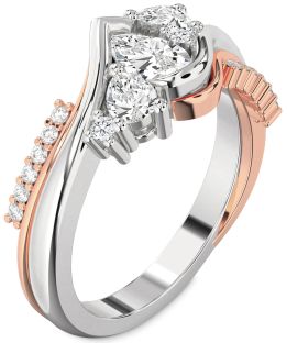 Diamond Silver & 10K Rose Gold Pear Three Stone Engagement Ring