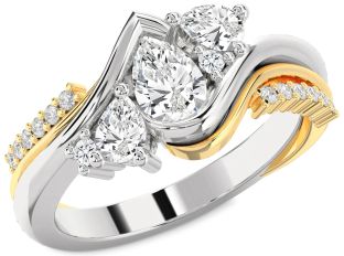 Diamond Silver & 10K gold Pear Three Stone Engagement Ring