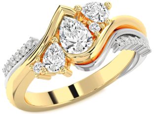 Diamond White Yellow Gold Pear Three Stone Engagement Ring