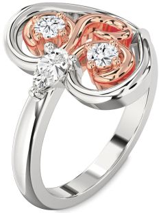 Diamond Silver & 10K Rose Gold Heart Three Stone Ring