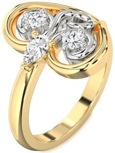 Diamond White Yellow Gold Heart Three Stone Ring