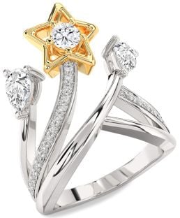 Diamond White Yellow Gold Star Round Three Stone Ring